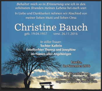 Traueranzeige von Christine Bauch von WVG - Wochenspiegel NMB / WSF / ZTZ