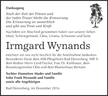 Traueranzeige von Irmgard Wynands von Super Sonntag Merseburg