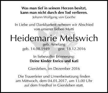 Traueranzeige von Heidemarie Melswich von Mitteldeutsche Zeitung Aschersleben