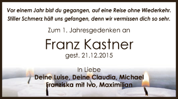 Traueranzeige von Franz Kastner von WVG - Wochenspiegel NMB / WSF / ZTZ