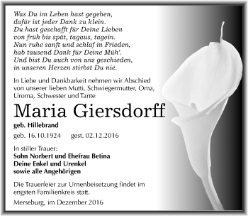 Traueranzeige von Maria Giersdorff von Mitteldeutsche Zeitung Merseburg/Querfurt
