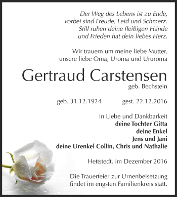Traueranzeige von Gertraud Carstensen von Super Sonntag SGH Mansf. Land