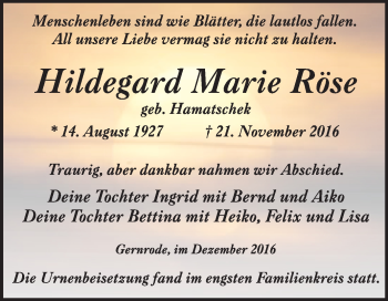 Traueranzeige von Hildegard Marie Röse von WVG - Wochenspiegel Quedlinburg