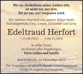 Traueranzeige von Edeltraud Herfort von WVG - Wochenspiegel Quedlinburg
