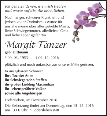 Traueranzeige von Margit Tänzer von Mitteldeutsche Zeitung Merseburg/Querfurt
