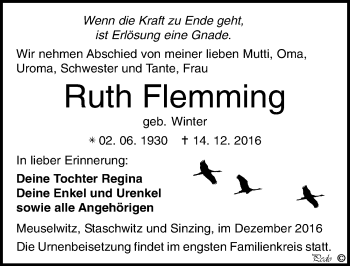 Traueranzeige von Ruth Flemming von Mitteldeutsche Zeitung Zeitz