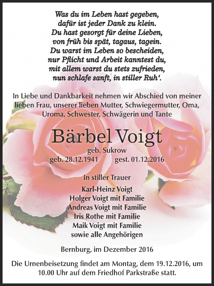  Traueranzeige für Bärbel Voigt vom 10.12.2016 aus Super Sonntag Bernburg