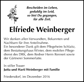 Traueranzeige von Elfriede Weinberger von Mitteldeutsche Zeitung Bitterfeld