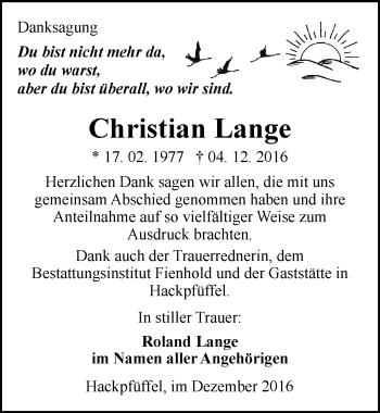 Traueranzeige von Christian Lange von Mitteldeutsche Zeitung Sangerhausen