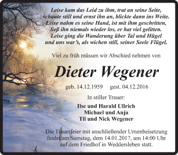 Traueranzeige von Dieter Wegener von Mitteldeutsche Zeitung Quedlinburg