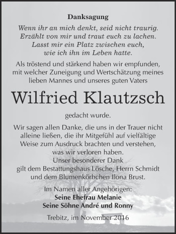 Traueranzeige von Wilfried Klautzsch von WVG - Wochenspiegel Wittenberg