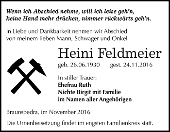 Traueranzeige von Heini Feldmeier von WVG - Wochenspiegel Merseburg