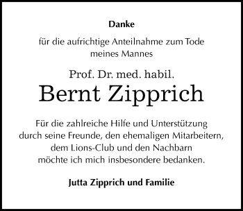 Traueranzeige von Bernt Zipprich von Mitteldeutsche Zeitung Halle/Saalkreis