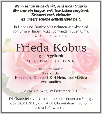 Traueranzeige von Frieda Kobus von Super Sonntag Merseburg