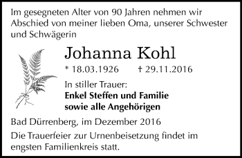 Traueranzeige von Johanna Kohl von Mitteldeutsche Zeitung Merseburg/Querfurt
