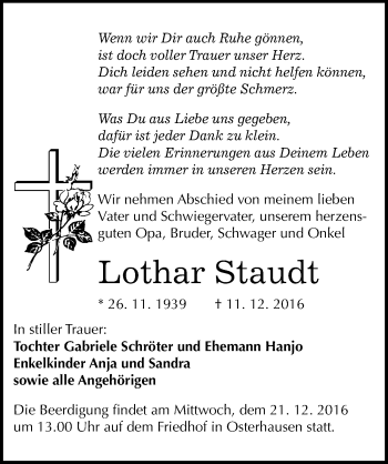 Traueranzeige von Lothar Staudt von Mitteldeutsche Zeitung Mansfelder Land