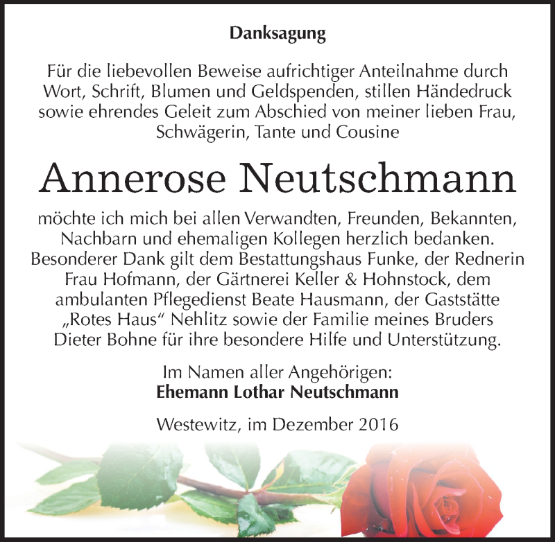  Traueranzeige für Annerose Neutschmann vom 17.12.2016 aus Mitteldeutsche Zeitung Halle/Saalkreis