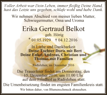 Traueranzeige von Erika Gertraud Belkot von Super Sonntag Aschersleben