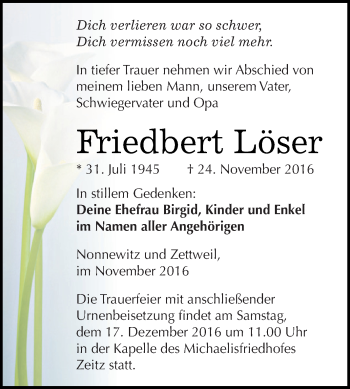 Traueranzeige von Friedbert Löser von Super Sonntag Zeitz