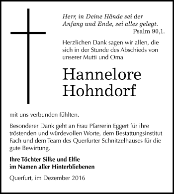 Traueranzeige von Hannelore Hohndorf von WVG - Wochenspiegel Merseburg