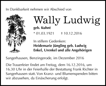 Traueranzeige von Wally Ludwig von Mitteldeutsche Zeitung Sangerhausen