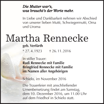 Traueranzeige von Martha Rennecke von WVG - Wochenspiegel Quedlinburg