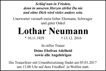 Traueranzeige von Lothar Neumann von WVG - Wochenspiegel Bitterfeld
