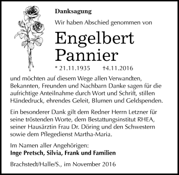 Traueranzeige von Engelbert  Pannier von Mitteldeutsche Zeitung Halle/Saalkreis