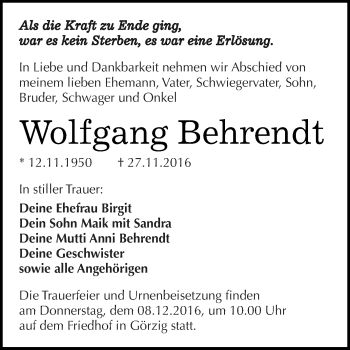 Traueranzeige von Wolfgang Behrendt von WVG - Wochenspiegel Dessau / Köthen