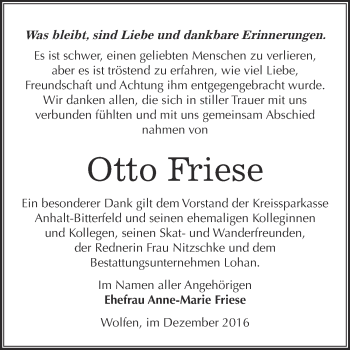 Traueranzeige von Otto Friese von WVG - Wochenspiegel Bitterfeld