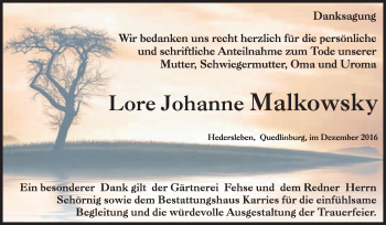 Traueranzeige von Lore Johanne Malkowsky von WVG - Wochenspiegel Quedlinburg