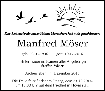 Traueranzeige von Manfred Möser von Mitteldeutsche Zeitung Aschersleben