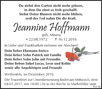 Traueranzeige von Jeannine Hoffmann von Mitteldeutsche Zeitung Weißenfels