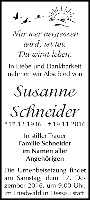 Traueranzeige von Susanne Schneider von Mitteldeutsche Zeitung Dessau-Roßlau