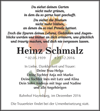 Traueranzeige von Heinz Schmalz von Super Sonntag Zeitz