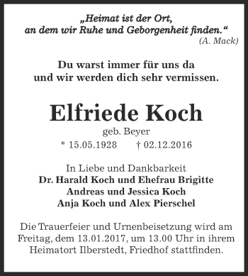 Traueranzeige von Elfriede Koch von Super Sonntag Bernburg