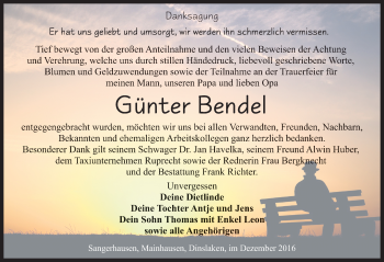 Traueranzeige von Günter Bendel von Mitteldeutsche Zeitung Sangerhausen