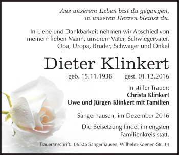Traueranzeige von Dieter Klinkert von Mitteldeutsche Zeitung Sangerhausen