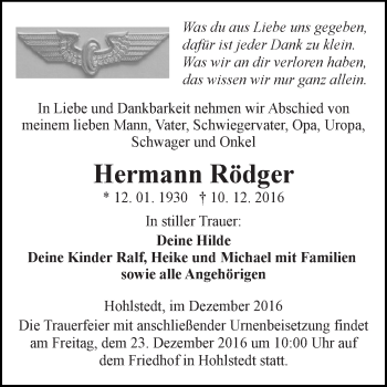 Traueranzeige von Hermann Rödger von WVG - Wochenspiegel SGH