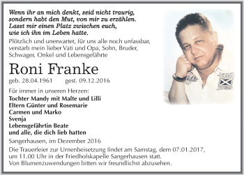 Traueranzeige von Roni Franke von Mitteldeutsche Zeitung Sangerhausen