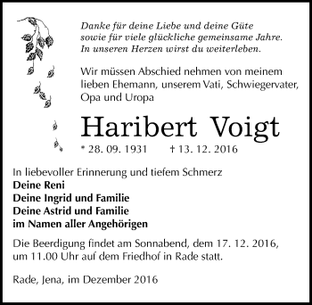 Traueranzeige von Haribert Voigt von Mitteldeutsche Zeitung Wittenberg