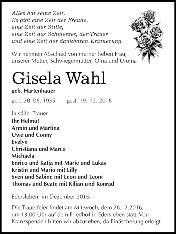 Traueranzeige von Gisela Wahl von Super Sonntag SGH Mansf. Land