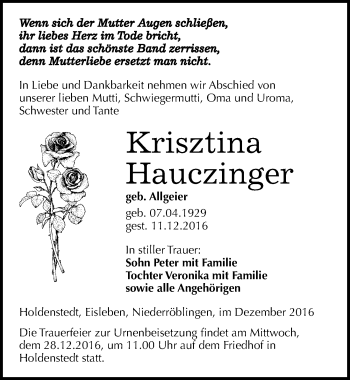 Traueranzeige von Krisztina Hauczinger von Mitteldeutsche Zeitung Sangerhausen