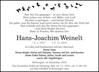 Traueranzeige von Hans-Joachim Weinelt von Super Sonntag SGH Mansf. Land
