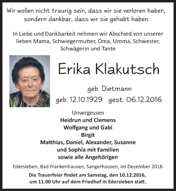 Traueranzeige von Erika Klakutsch von Mitteldeutsche Zeitung Sangerhausen