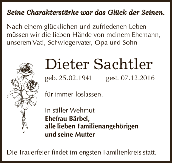 Traueranzeige von Dieter Sachtler von WVG - Wochenspiegel Dessau / Köthen