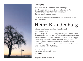 Traueranzeige von Heinz Brandenburg von WVG - Wochenspiegel Wittenberg