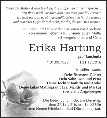 Traueranzeige von Erika Hartung von Super Sonntag Merseburg