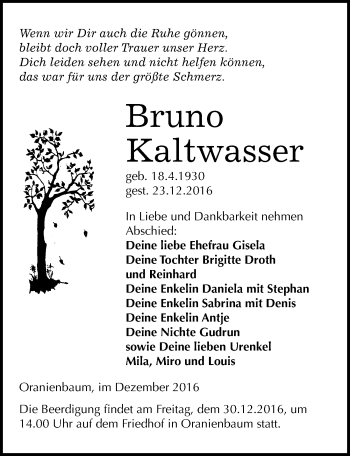 Traueranzeige von Bruno Kaltwasser von Mitteldeutsche Zeitung Wittenberg