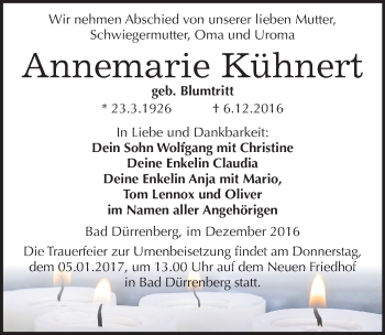 Traueranzeige von Annemarie Kühnert von Mitteldeutsche Zeitung Merseburg/Querfurt